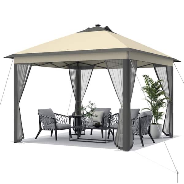 Costway 11 ft. x 11 ft. Coffee Patio Folding Gazebo Outdoor Canopy Shelter Led Lights Portable