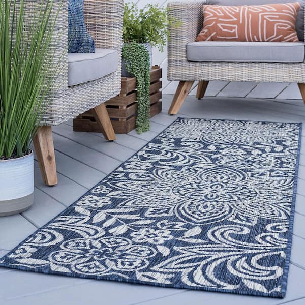 Veranda Floral Navy 3 ft. x 8 ft. Indoor/Outdoor Runner Rug