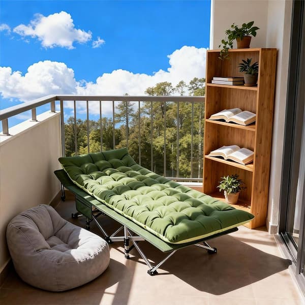 28 in. W Steel Folding Camping Cot Portable Outdoor Sleeping Cot with Soft Detachable Green Cushions