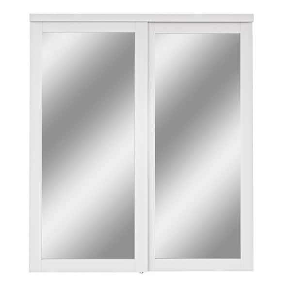 72 in. x 96 in. Solid Core 1-Lite Mirror White Primed MDF Interior Closet Sliding Door with Hardware and Black Handle