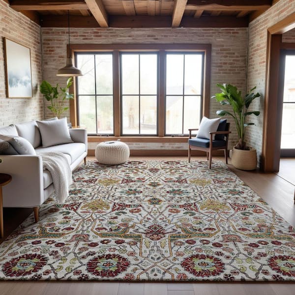 Mayfield Premium Machine Washable Abstract AMF1132 Ivory 9 ft. x 12 ft. Area Rug