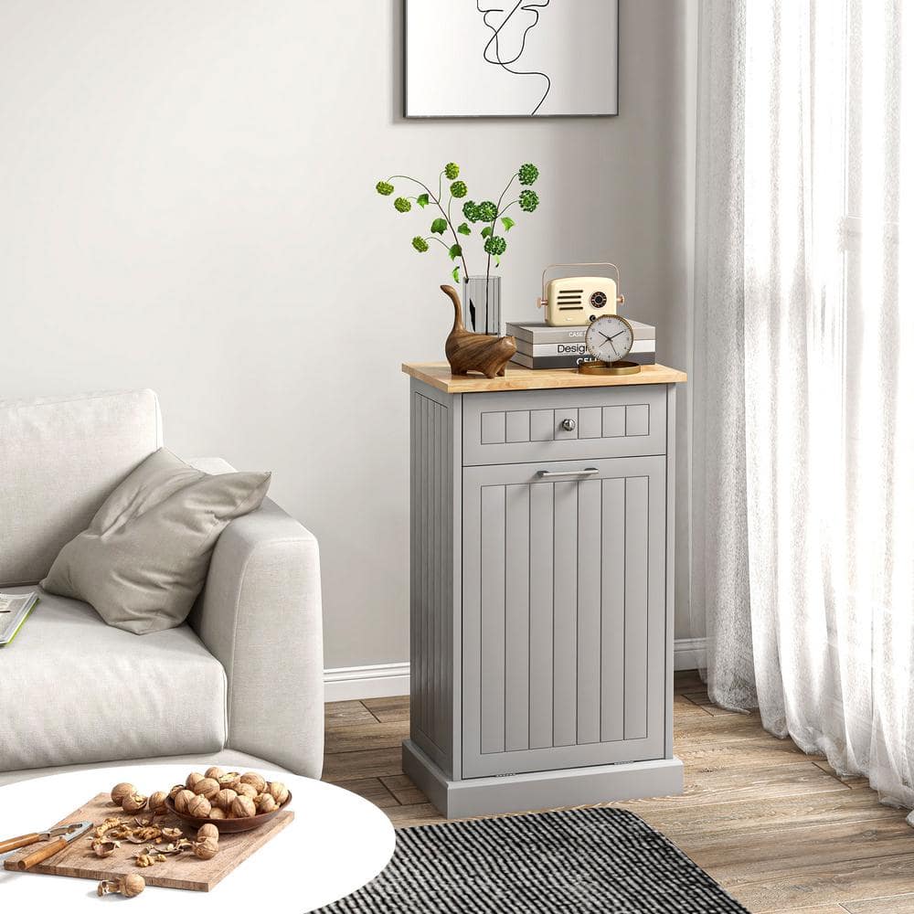 Gray Oak Kitchen Tilt Out Trash Bin Cabinet with Drawer
