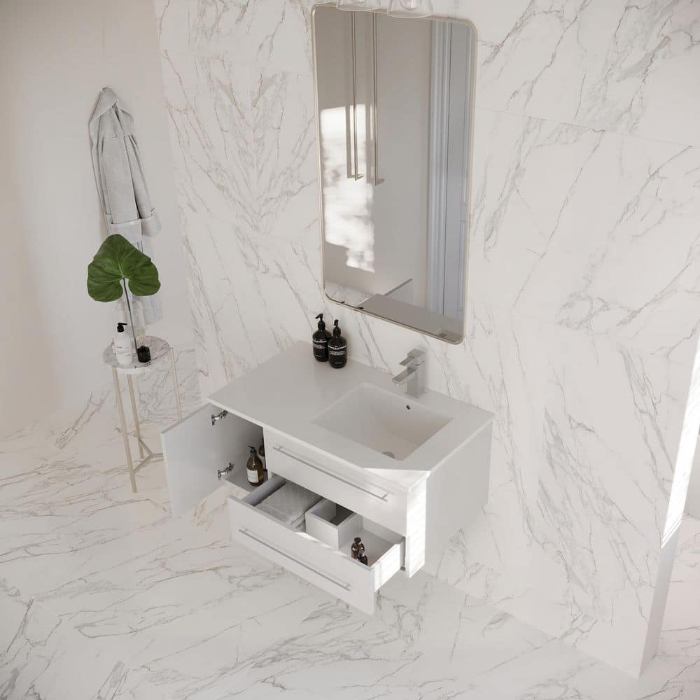 White 36" Wall-Mount Vanity with Quartz Top and Ceramic Sink