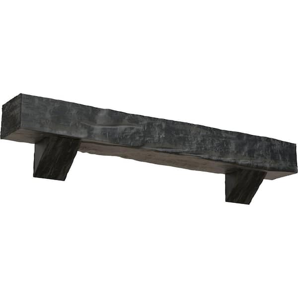 Ekena Millwork 4 in. x 8 in. x 5 ft. Riverwood Faux Wood Fireplace Mantel Kit, Breckinridge Corbels, Aged Ash