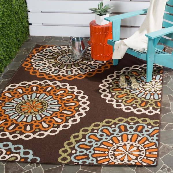 Veranda Chocolate/Terracotta 5 ft. x 5 ft. Geometric Floral Indoor/Outdoor Square Area Rug