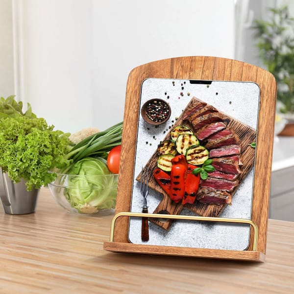 Adjustable Wood Cookbook Stand for Kitchen, Multi-Functional Recipe Holder with Tablet and IPad Compatibility, Brown