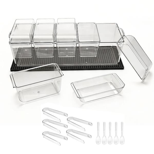 5-Compartment Condiment Serving Container, PET Plastic Garnish Station with Individual Lid, Ice-Cooled Condiment Servers
