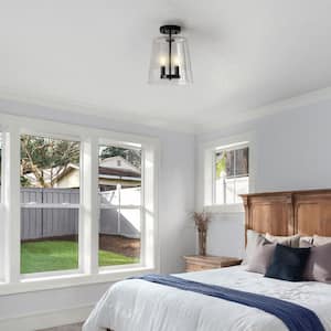 10 In. 2-Light Matte Black Contemporary Semi-Flush Mount with Clear Glass Shade and No Bulbs Included