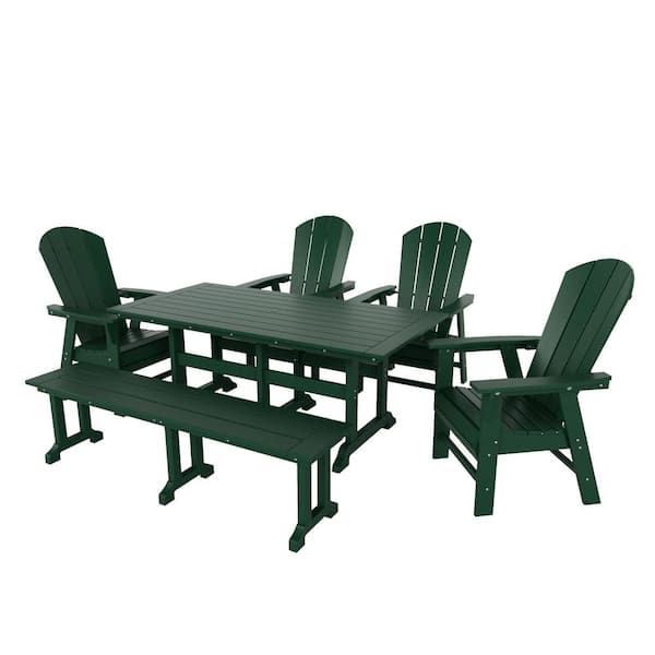 Laguna Dark Green 6-Piece HDPE Plastic Outdoor Dinning Set with Bench