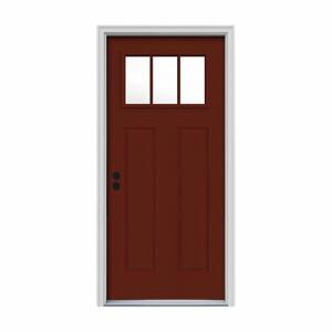 30 in. x 80 in. 3 Lite Craftsman Mesa Red Painted Steel Prehung Right-Hand Inswing Front Door w/Brickmould