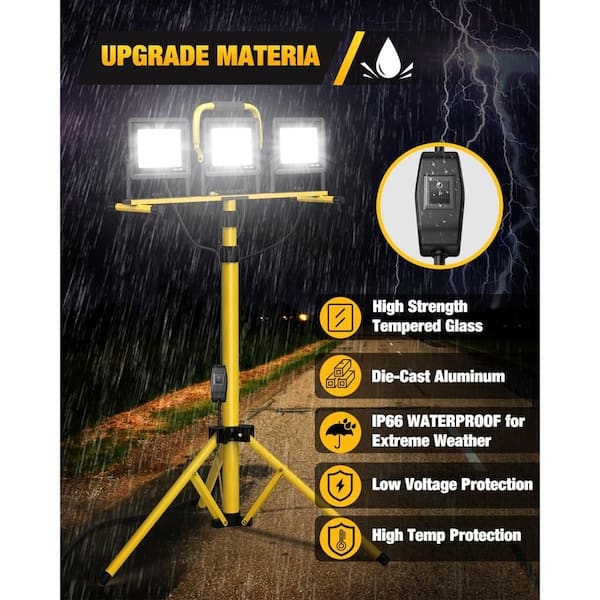 110 Volt. Yellow 21000 Lumens Adjustable 3-Head LED Work Light with Foldable Tripod Stand for Jobsite & Garage