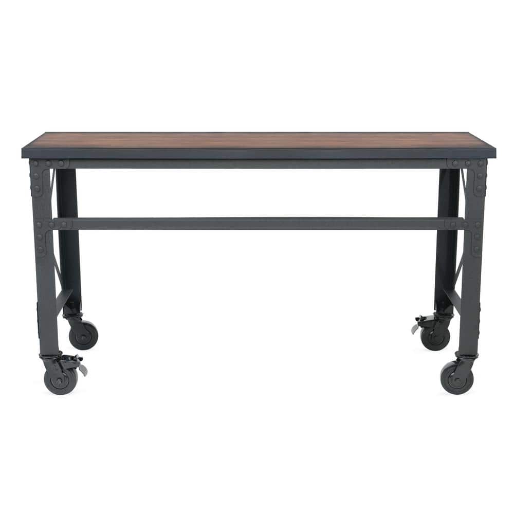 Dark Brown Wood and Metal Industrial Desk with Casters