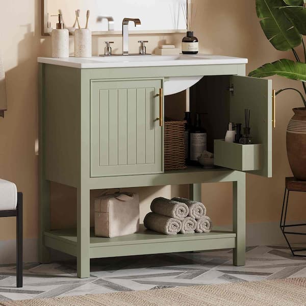 30 in. W Single Sink Freestanding Bath Vanity in Green with White Ceramic Top, Open Shelf and 2 Doors