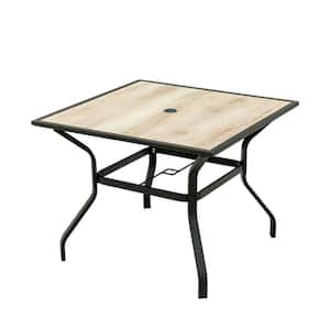 Beige Metal Outdoor Dining Coffee Accent Table Modern Square Waterproof Faux Wood-Look Top with Umbrella Hole for Patio