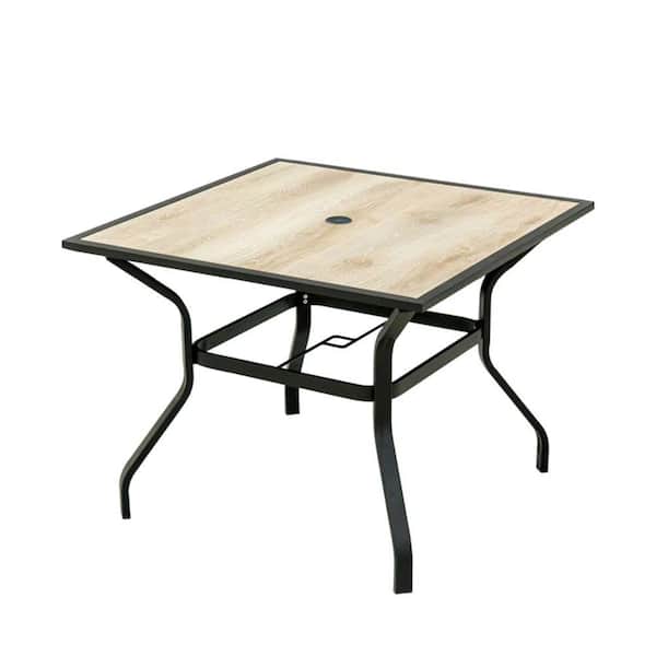 ITOPFOX Beige Metal Outdoor Dining Coffee Accent Table Modern Square Waterproof Faux Wood-Look Top with Umbrella Hole for Patio