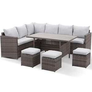 7-Piece Gray Wicker Patio Outdoor Dining Sectional Sofa Set with Gray Cushions for Porch Balcony Garden Backyard