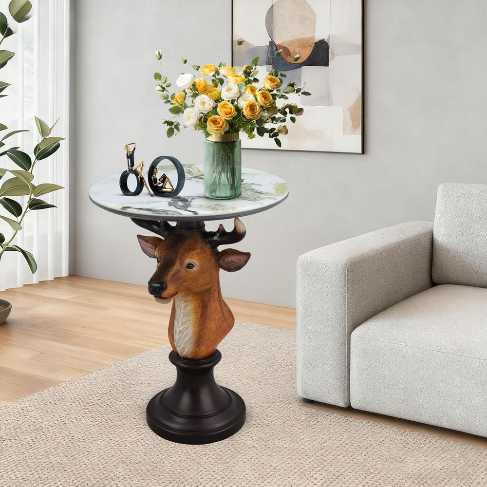 19.69 in. Brown Deer Head Accent Table Animal Sculpture End Table with Faux Marble Top price history on PriceWatchPro