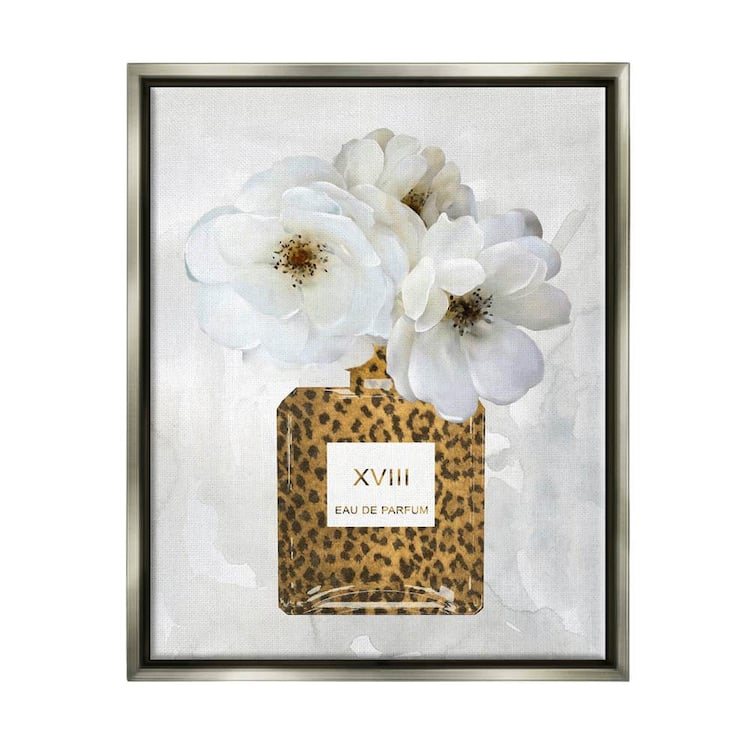 The Stupell Home Decor Collection Leopard Print Perfume Bottle Glam Spring Florals by Carol Robinson Floater Frame Nature Wall Art Print 31 in. x 25 in.