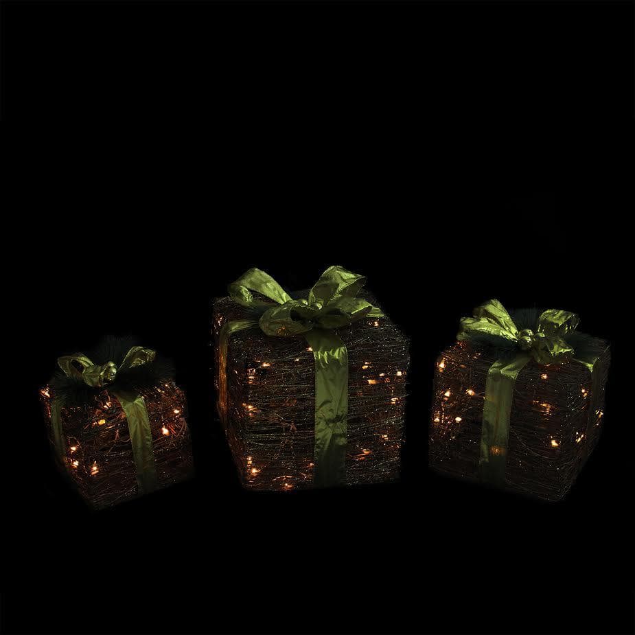 Festive Trio Lighted Rattan & Glitter Gift Boxes Christmas Decor
