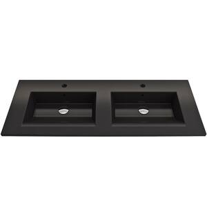 Ravenna Wall-Mounted 48 in. Double Bowl Matte Black Fireclay Rectangular Vessel Sink for Two 1-Hole Faucets w/Overflow