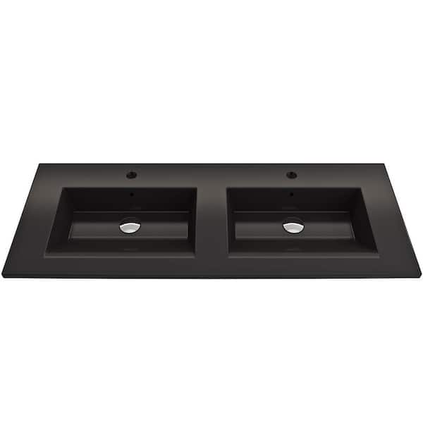 BOCCHI Ravenna Wall-Mounted 48 in. Double Bowl Matte Black Fireclay Rectangular Vessel Sink for Two 1-Hole Faucets w/Overflow