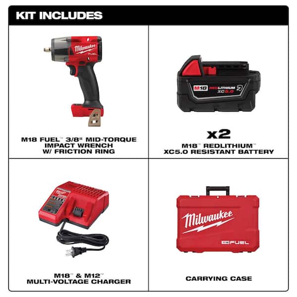 M18 FUEL 18V Lithium-Ion Brushless Cordless 3/8 in. Mid-Torque Impact Wrench with Friction Ring Kit, Resistant Batteries