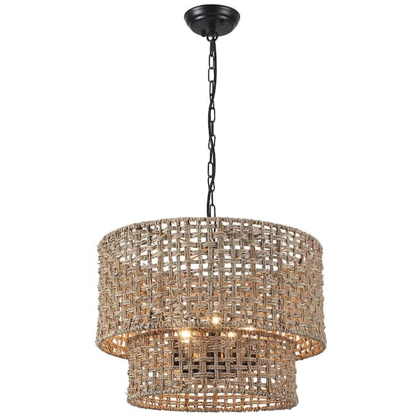 Modern Black 5-Light 2-Tier Woven Rattan Chandelier Boho Farmhouse Hanging Pendant Light Fixture