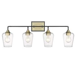 Gladys 32 in. 4-Light Antique Brass and Black Vanity Light with Clear Glass