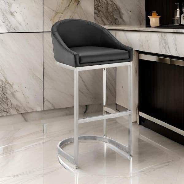 Benjara 30 in. Black and Chrome Low Back Metal Frame Bar Stool with Faux Leather Seat