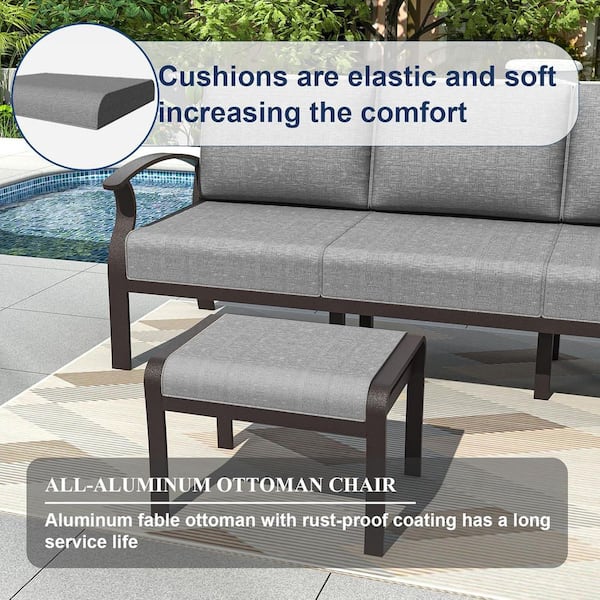 8-Seat Black Aluminum Outdoor Patio Conversation Sectional Set, with Armrest, Ottoman and Cushion Gray