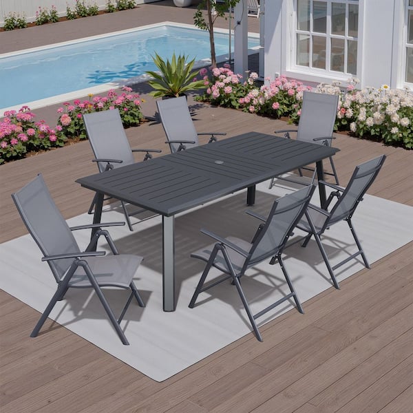 7-Piece 83 in. High-end Black Rectangle Aluminum Patio Outdoor Dining Set with Gray Adjustable Backrest Metal Chair