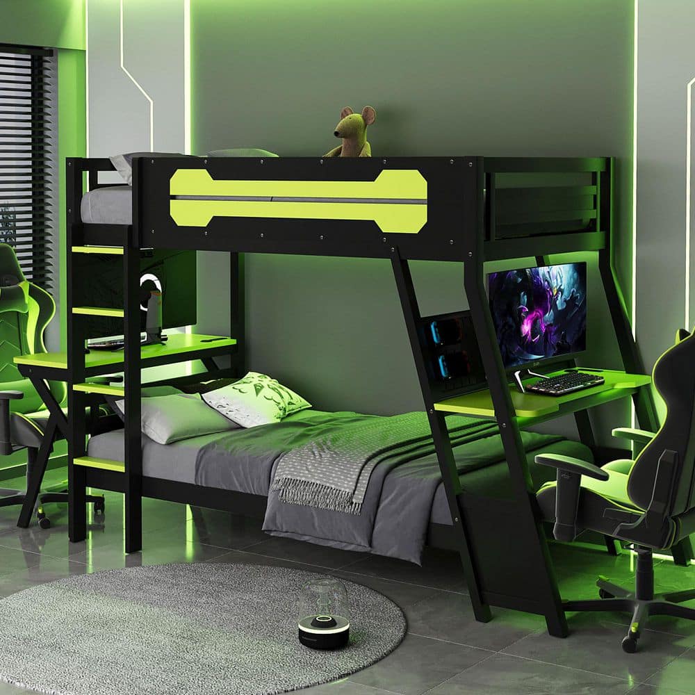 Gaming Style Black and Green Twin over Twin Wood Bunk Bed with 2 Built-in Desks, USB Ports, Pegboard Organizer price history on PriceWatchPro