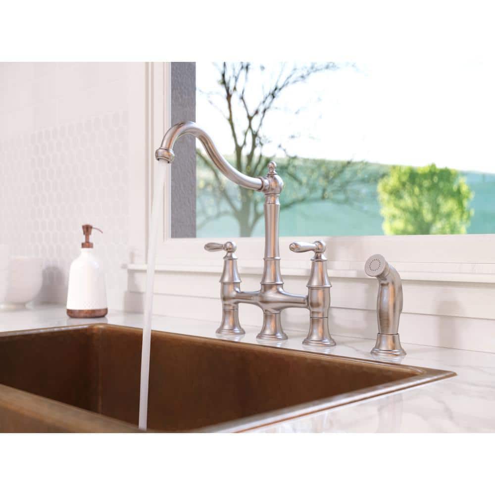 Stainless Steel Double Handle Bridge Kitchen Faucet with Side Sprayer