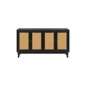 59.80 in. W x 15.60 in. D x 32.30 in. H Dark Gray Linen Cabinet Sideboard with 4 Rattan Doors and Adjustable Shelves