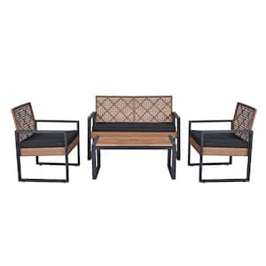 4-Pieces Wicker Patio Conversation Set with Black Cushions wood Table for Garden Poolside and Backyard