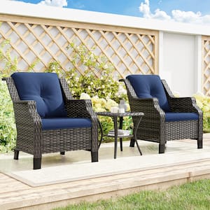 3-Piece Wicker Patio Outdoor Lounge Chairs Conversation Set with Blue Cushions