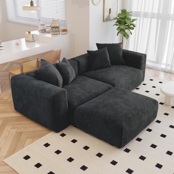 J&E Home 102.2 in. W Black Square Arm 3-Seater Corduroy Velvet Free Combination Modular Sofa with Ottoman