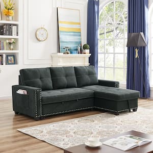 85 in W Square Arm 2-piece L Shaped Polyester Modern Sectional Sofa in Black w/Storage