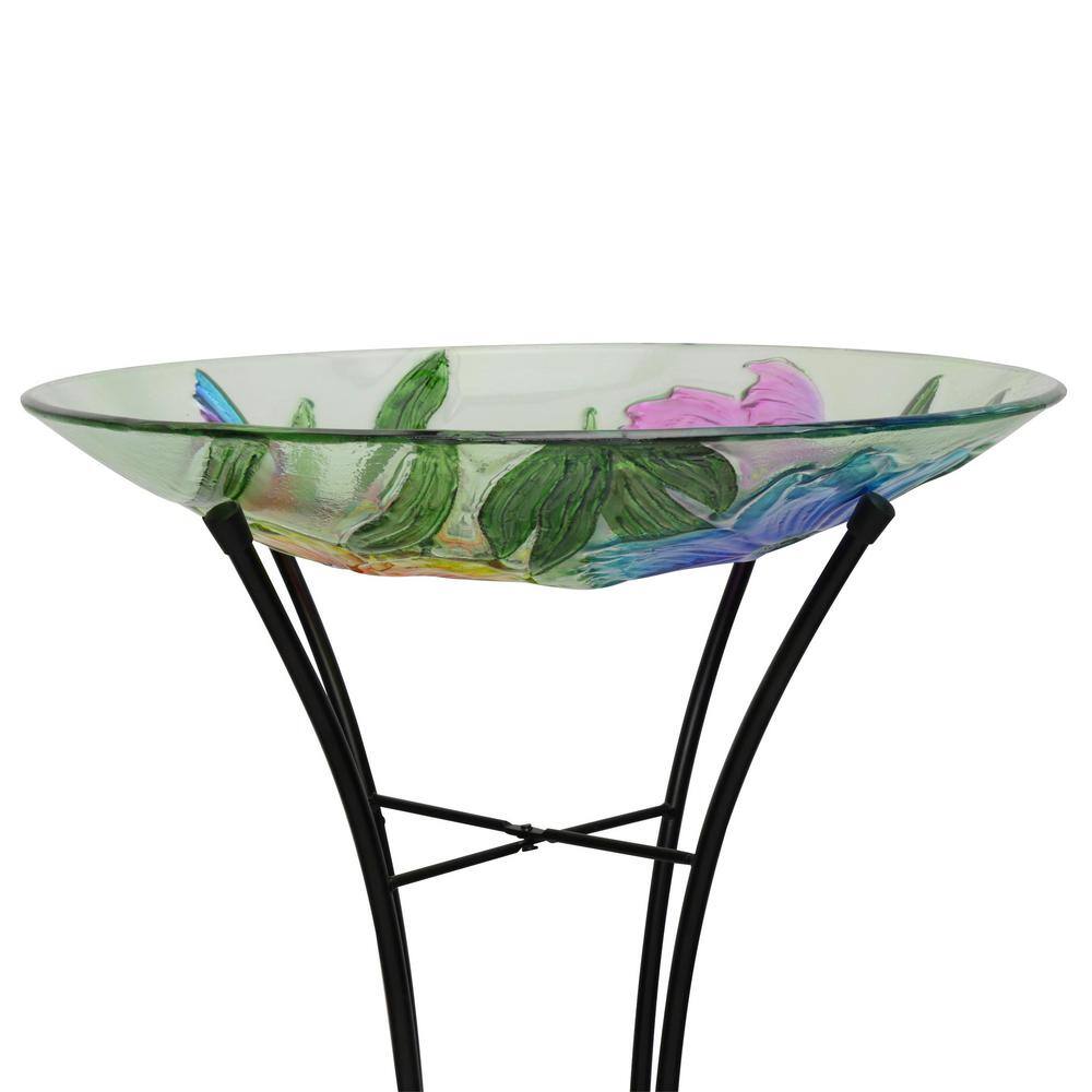 Colorful Glass Birdbath with Metal Stand, 18"