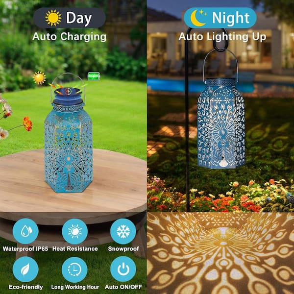 OGETFUUR 2-Pack Outdoor Blue Gold Solar Lanterns, Waterproof