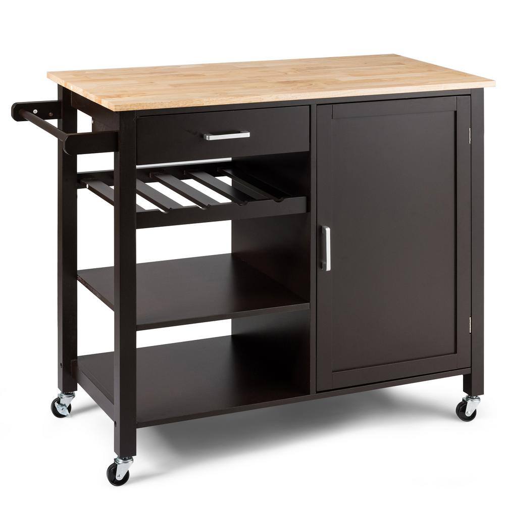Rolling Black Wood Top 40 in. Kitchen Island Cart on Wheels with Towel Rack