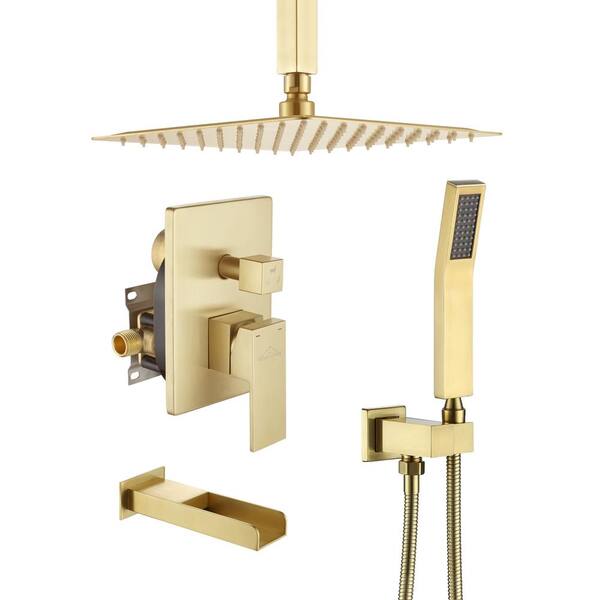 Boyel Living Ceiling Mount Single-Handle 1-Spray Tub and Shower Faucet with Hand Shower in Brushed Gold - 10 Inch (Valve Included)