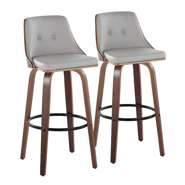 Lumisource Gianna 29.5 in. Light Grey Faux Leather, Walnut Wood, Black Metal Fixed Height Bar Stool with Round Footrest (Set of 2)