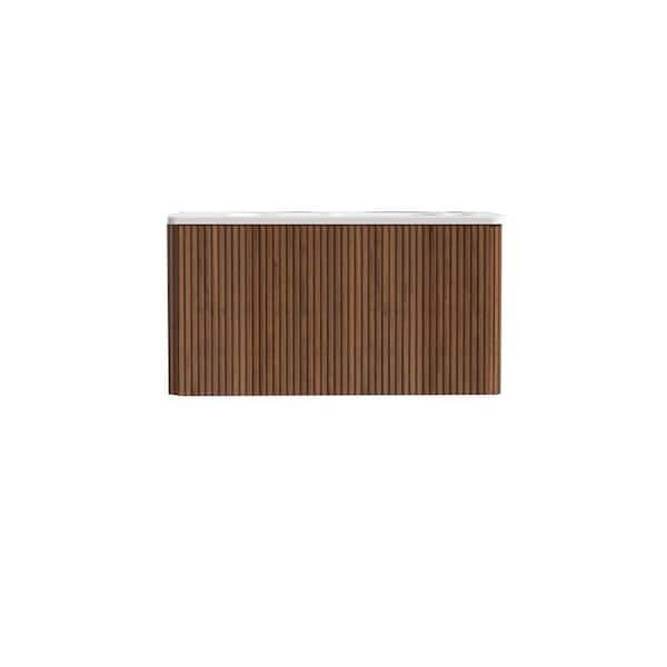 30 in. W Single Sink Wall-Mounted Bath Vanity in Walnut with White Ceramic Top Unassembled