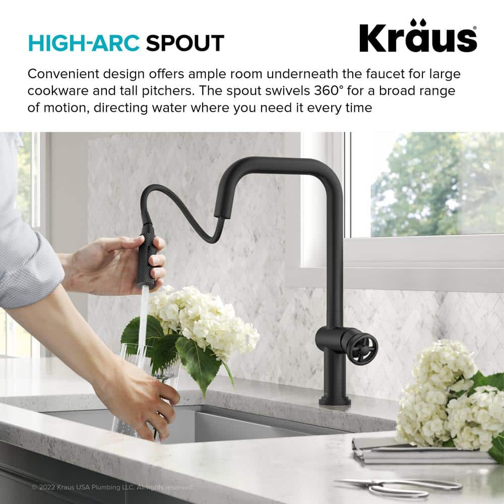 Matte Black Industrial Pull-Down Kitchen Faucet with Spray