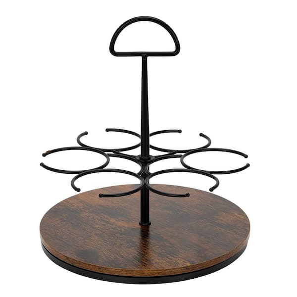 6 Bottles Black Metal Coffee Syrup Organizer Rotating Countertop Bottle Holder Wood Base Kitchen Rack