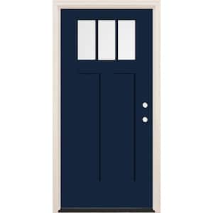 36 in. x 80 in. Left-Hand 3-Lite Clear Glass Indigo Painted Fiberglass Prehung Front Door with 6-9/16 in. Frame