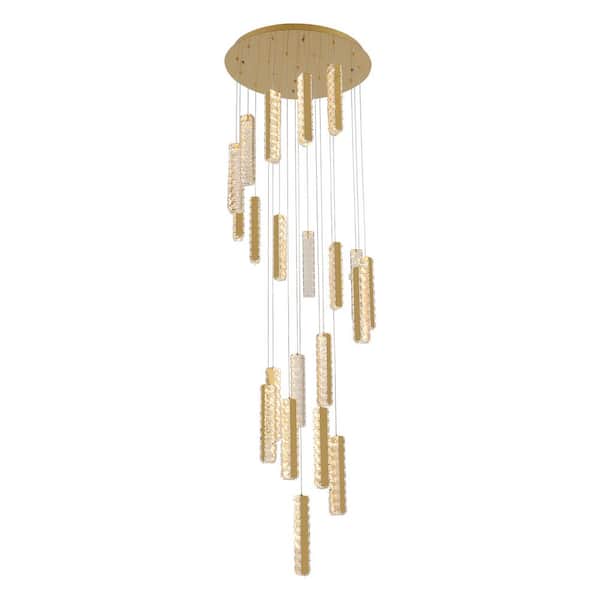 1-Light Gold Modern Dimmable Integrated LED Height Adjustable Pendant Light with Clear K9 Crystal Shade and Remote