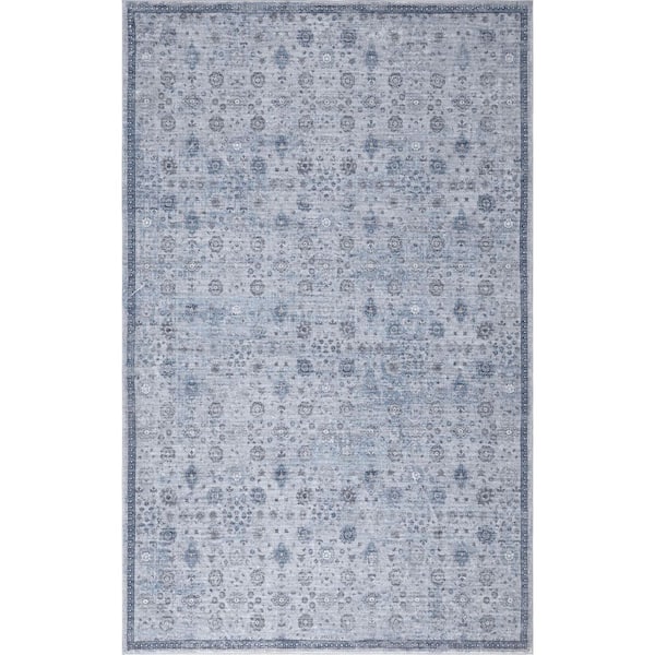 Petunia Distressed All-Over Floral Border Non-Slip Machine-Washable Blue/Light Gray 4 ft. x 6 ft. Area Rug