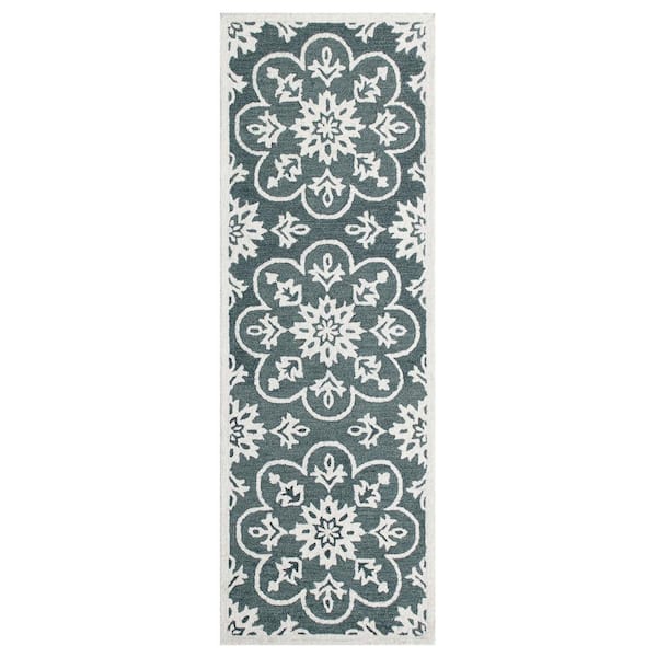 Unbranded Bella Gray 2 ft. 3 in. x 6 ft. 9 in. Eclectic Hand-Tufted Floral 100% Wool Runner Area Rug